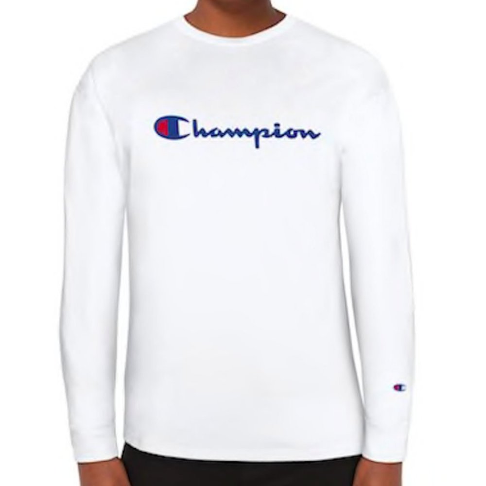 Champion Classic Long Sleeve T-Shirt White Tee Blue Script Logo Men's Size XL